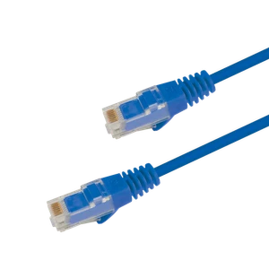 Underside view of the RJ45 connector on a 3m Blue slim Cat6 cable, showing the flexible, protected locking tab.