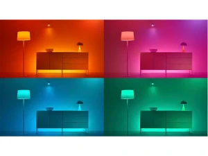 WiZ GU10 spotlight in four colour settings showing orange, pink, blue and green room lighting