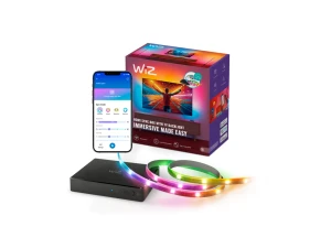 WiZ Sync Box with backlight strip, retail packaging box and app control screen