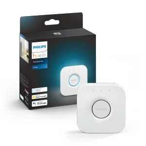 Philips Hue Bridge with its box, works with Alexa, Google and Apple Home