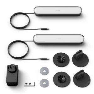Philips Hue Play Light Bar mounting brackets, adhesive discs and power supply laid out