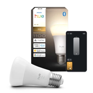 Philips Hue White 1100 E27 bulb with packaging and the Hue app brightness screen