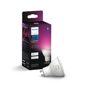 Philips Hue Colour GU10 spotlight with its retail packaging box