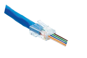 An image demonstrating the pass-through design, with the individual Ethernet cable wires extending through the front of the RJ45 plug.