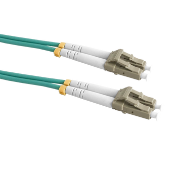 Close-up of Duplex LC connectors on a 1m OM4 aqua LSZH fibre optic patch cable.
