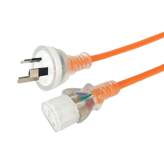 Side angled view of the maximum-length 5-metre orange medical-grade power cord, showing the transparent IEC-C13 and Australian 3-pin ends.