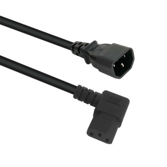 Side angled view of the 2-metre black power jumper cord, showing the right-angle IEC-C13 and standard IEC-C14 connectors.