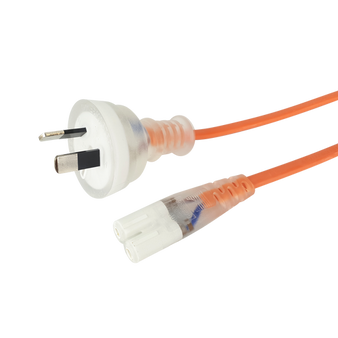 Side angled view of the 1-metre orange medical-grade power cord, showing the transparent IEC-C7 "Figure-8" and 2-pin mains plug.