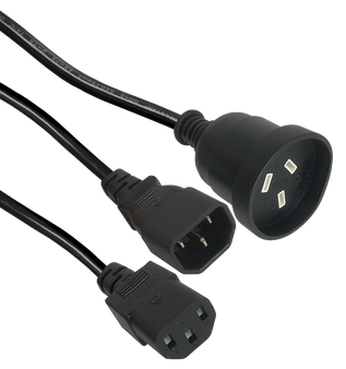A view of the versatile IEC Y-cord, clearly showing the C14 input plug and the two output ends: a C13 socket and an Australian mains socket.