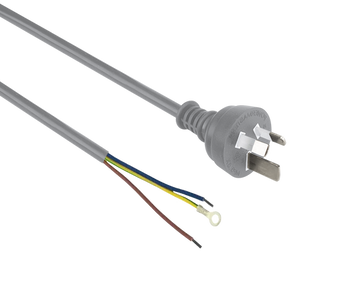 Side angled view of the 3-metre grey power cord, showing the pre-stripped wire end fitted with an M5 O-ring terminal and the Australian 3-pin plug.