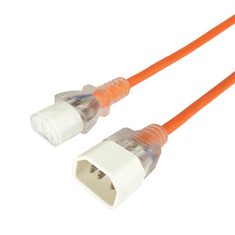 Side angled view of the 3-metre orange medical-grade power jumper cord, showing the transparent IEC-C13 and IEC-C14 ends.