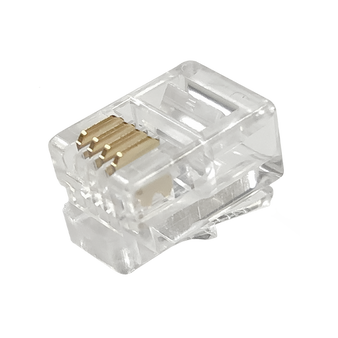 A close-up view of the underside of an RJ11 4P4C modular plug, showing the gold-plated contacts.