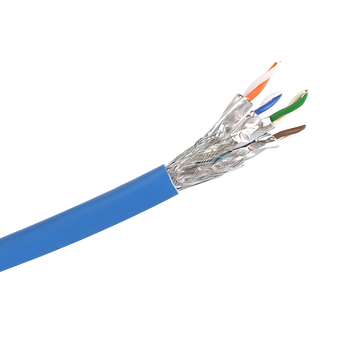 A side view close-up showing the premium construction of the Cat6a S/FTP cable, with its overall braid, foil-wrapped pairs, and blue LSZH jacket.