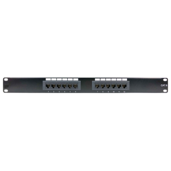 Front view of a 12-port Cat6 patch panel showing numbered RJ45 ports and rack mounting holes.