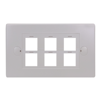 A direct front-on view of the 6-port keystone flush plate, showing the six unloaded keystone cutouts.