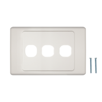A top-down view of the 3-port Australian flush wall plate, showing the three cutouts and mounting screws.