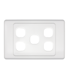 A top-down view of the 5-port Australian flush wall plate, showing the five cutouts and mounting screws.