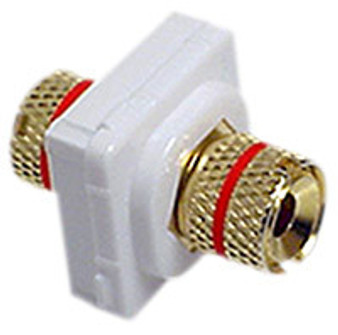A detailed side view of the red speaker binding post terminal, showing the gold-plated front post and rear screw-down connector.