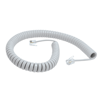 A side view of the 3-metre coiled telephone handset cord for Nortel Commander phones.