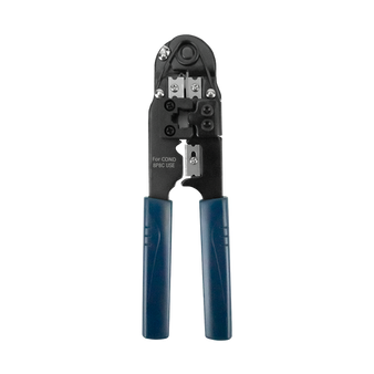 A direct front-on view of the heavy-duty metal RJ45 crimp tool.