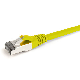 Close-up side view of the shielded RJ45 connector and Yellow LSZH jacket on a 2m Datamaster Cat6a S/FTP patch cable.