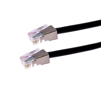 Profile view of the 2m black Cat5e shielded outdoor patch cable, showing the moulded RJ45 plug and the durable, UV-stabilised jacket.