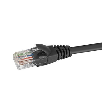 Close-up profile of the RJ45 connector and Black jacket on a 5m Datamaster Cat6 U/UTP patch cable.