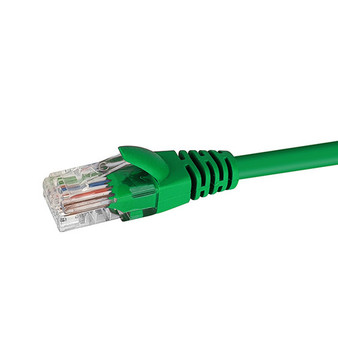 Close-up profile of the RJ45 connector and Green jacket on a 2.5m Datamaster Cat6 U/UTP patch cable.
