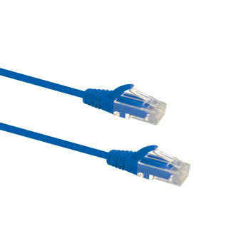 Profile view of the snagless boot on a 1m Blue Datamaster slim Cat6 patch cable, highlighting its ultra-thin design.