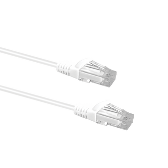 Profile view of the snagless boot on a 2m White Datamaster slim Cat6 patch cable, highlighting its ultra-thin design.