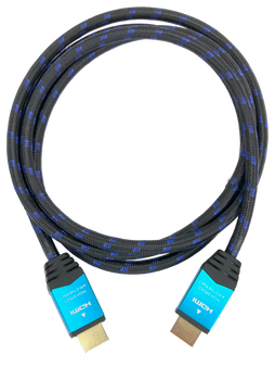 A top-down view of the 10-metre braided HDMI cable, coiled to show both gold-plated ends.