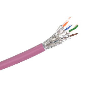 A side view close-up showing the premium construction of the Cat6a S/FTP cable, with its overall braid, foil-wrapped pairs, and pink LSZH jacket.