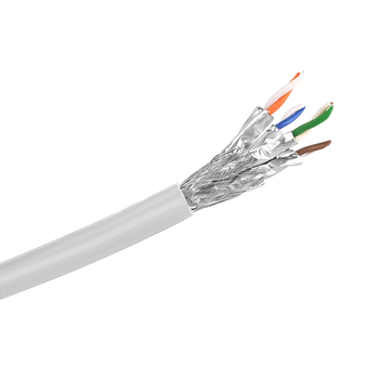 A side view close-up showing the premium construction of the Cat6a S/FTP cable, with its overall braid, foil-wrapped pairs, and white LSZH jacket.