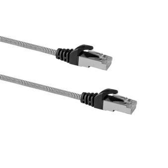 Close-up side angle of two 0.5m slim armoured Cat6A cables, showing the shielded RJ45 boot and durable outer jacket.