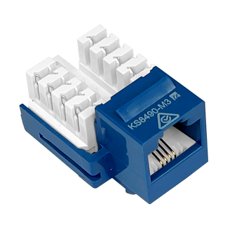 A side profile of the blue 8P4C Mode-3 keystone jack, showing the front RJ45-style socket and rear IDC block.