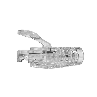 A side view of a transparent RJ45 boot, showing the protected snagless hood over the clip area.
