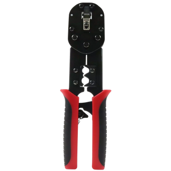 A front view of the universal RJ45 ratchet crimp tool in its closed position.