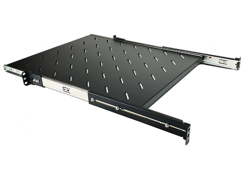 The 600mm deep vented sliding shelf in a black powder-coated finish, showing the perforated top surface and side rails.