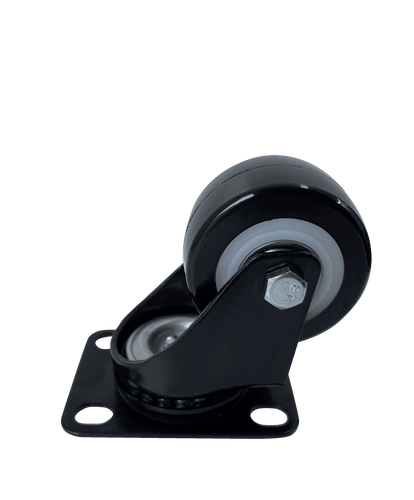 A side profile of a single black caster wheel designed for Datamaster C1100 series wall mount cabinets.