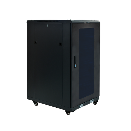 Full side view of the 22RU 800mm deep freestanding server cabinet.