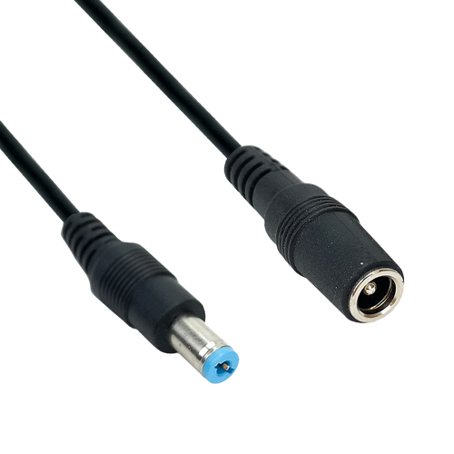 Side angle view of the 2.1mm DC polarity reversing cable, showing the input socket and output plug.