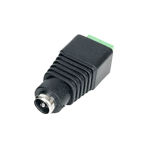 Side angled front view of the 2.1mm female DC socket, showing the screw terminal block.