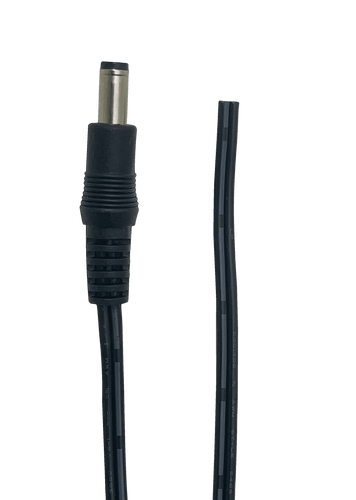 Top front view of the 2m DC power cable, showing the moulded 2.1mm plug and the blunt cut Figure-8 wire ends.