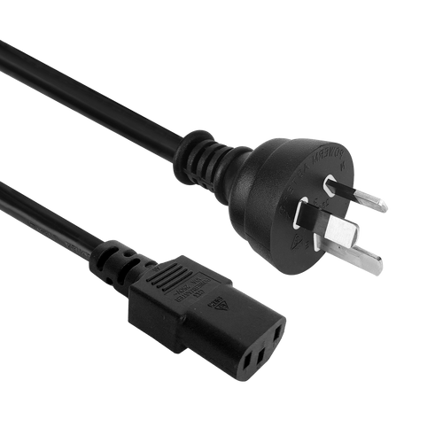 Side angled view of the 2-metre black power cord, showing the IEC-C13 connector and the Australian 3-pin plug.