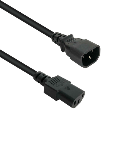 Side angled view of the 1 metre black power jumper cord, showing the IEC-C13 and IEC-C14 connectors.
