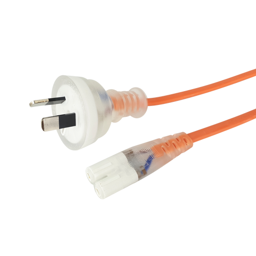 Side angled view of the 2-metre orange medical-grade power cord, showing the transparent IEC-C7 "Figure-8" and 2-pin mains plug.