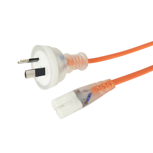 Side angled view of the long 3-metre orange medical-grade power cord, showing the transparent IEC-C7 "Figure-8" and 2-pin mains plug.