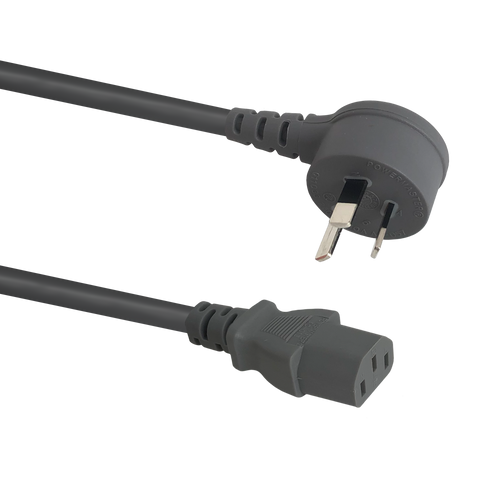 Side angled view of the 2-metre grey power cord, showing the IEC-C13 connector and the space-saving right-angle Australian mains plug.