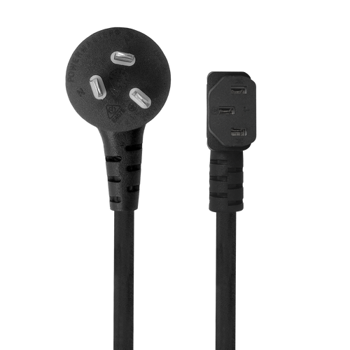 Front view of the 2-metre dual right-angle power cord with both angled ends visible.