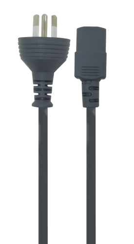 Front view of the 3-metre grey power cord with the IEC-C13 and round earth pin mains plug visible.